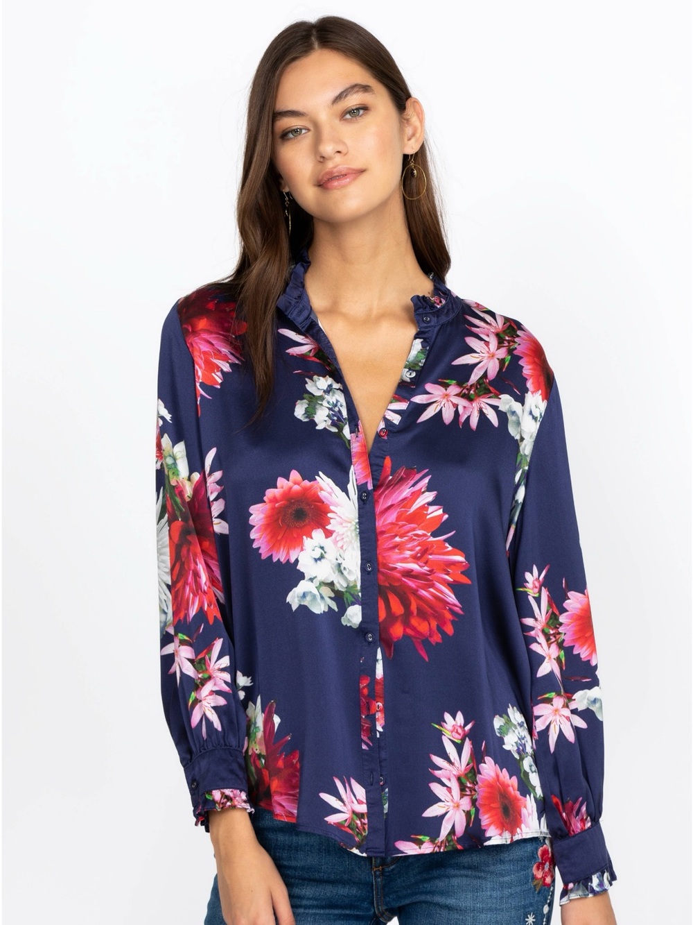 Johnny Was Workshop ruffle collar Blouse womenβs Large Blue Floral Silk